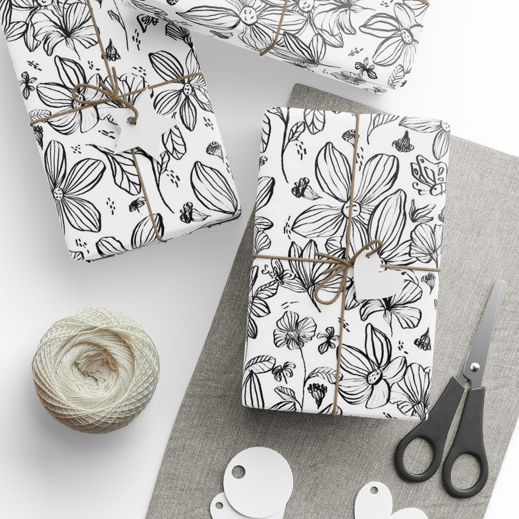 Black Floral Sketch Wrapping Paper | Botanical Line Art Gift Wrap