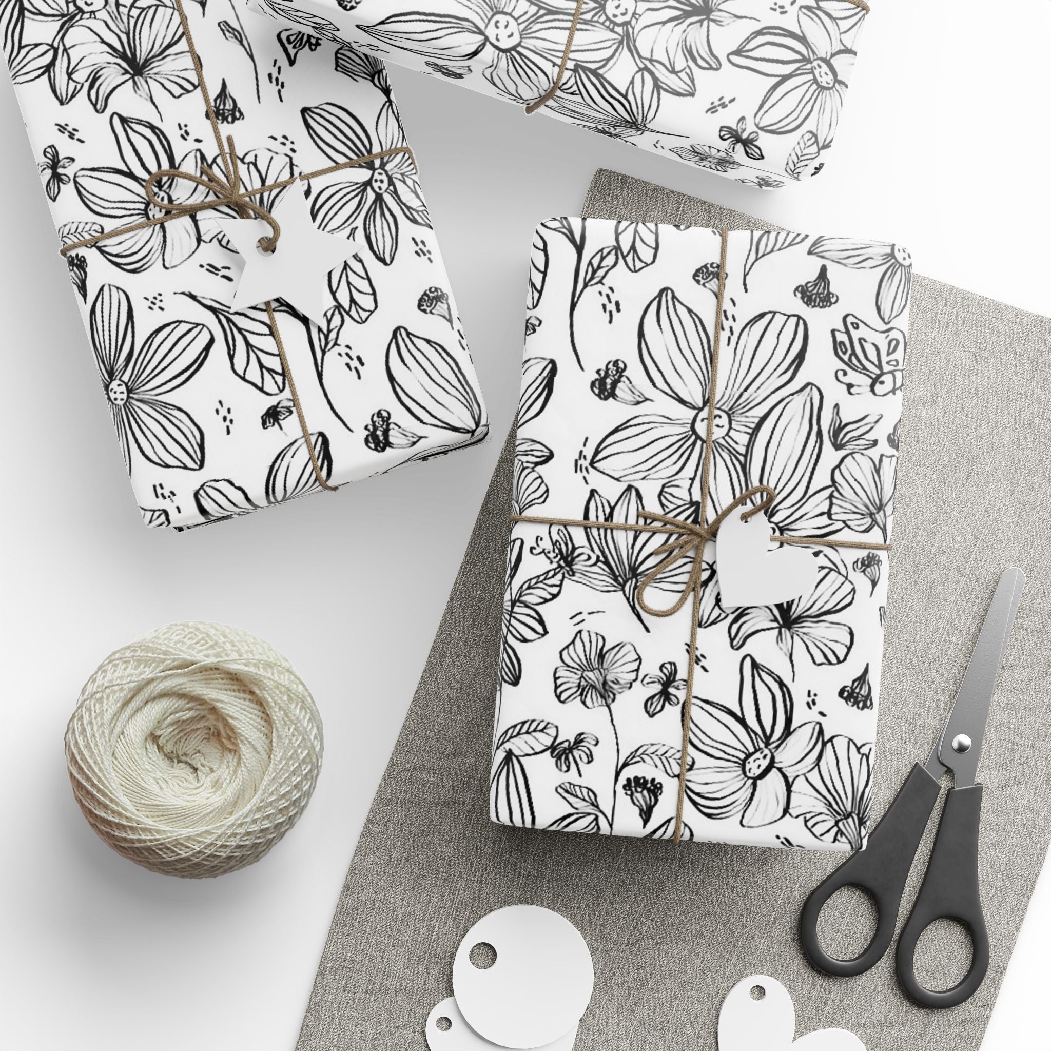 Black Floral Sketch Wrapping Paper | Botanical Line Art Gift Wrap