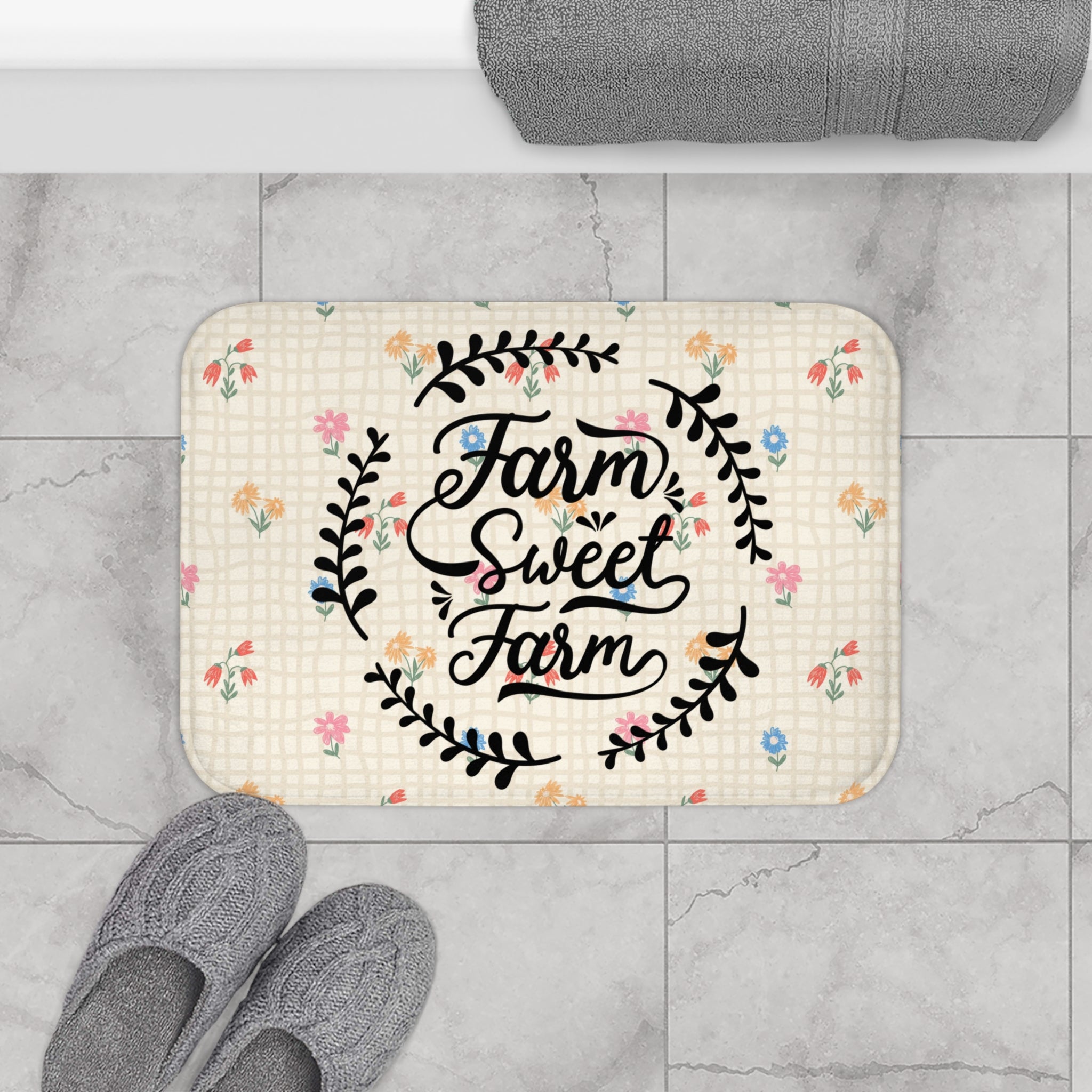 Farm Sweet Farm Bath Mat | Floral Wreath Plaid Country Decor