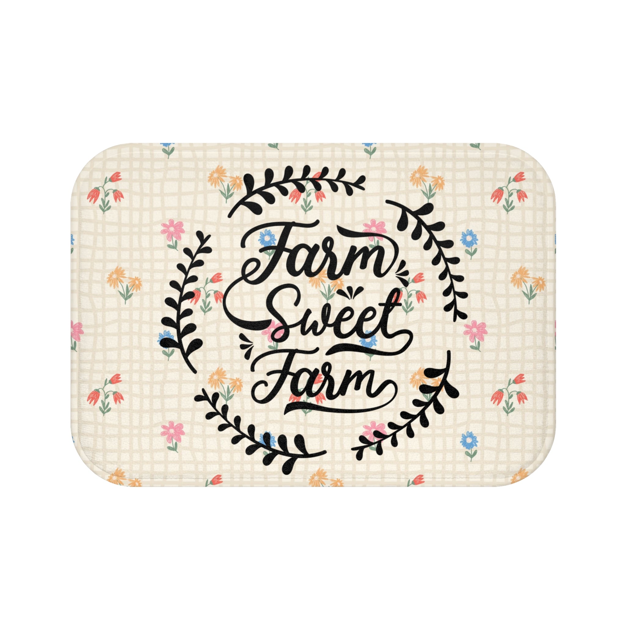 Farm Sweet Farm Bath Mat | Floral Wreath Plaid Country Decor